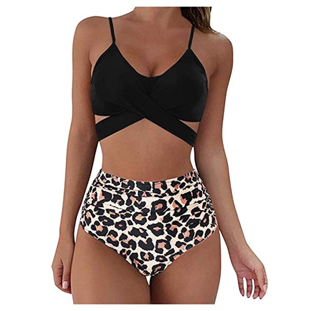 Cross Front Wrap Push Up Leopard Printed High Waisted Bikini Set Sz L/8